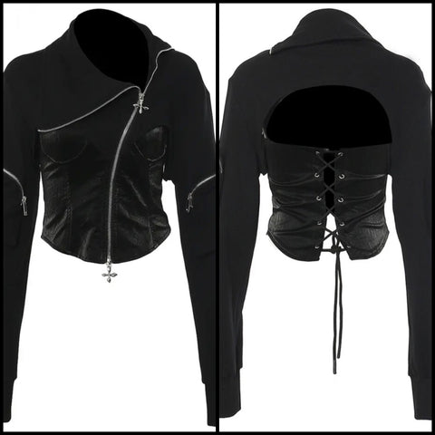 Women Fashion Black Zipper Back Lace Up Jacket
