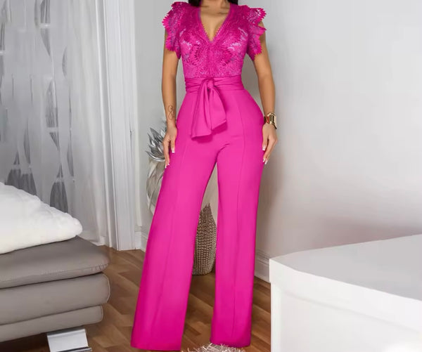 Women Sexy Lace Patchwork Short Sleeve Tie Up Jumpsuit
