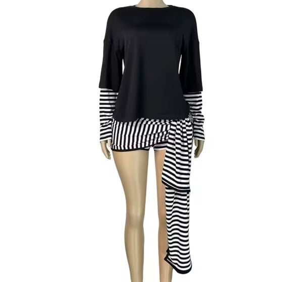 Women Color Striped Full Sleeve Fashion Two Piece Wrap Skirt Set