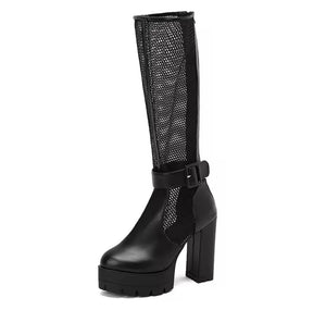 Women Color Buckled Mesh Platform Knee High Fashion Boots