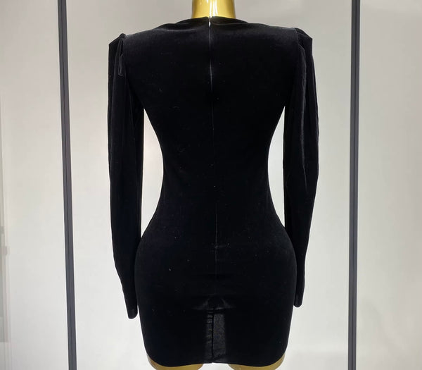Women Sexy Velour Rhinestone Mesh Full Sleeve Ruched Dress
