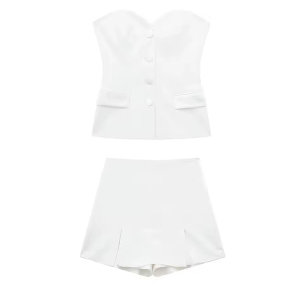 Women Sexy Strapless Button Up Two Piece Wrap Short Set