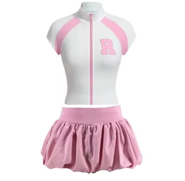 Women Letter Zip Up Short Sleeve  Sexy Two Piece Skirt Set