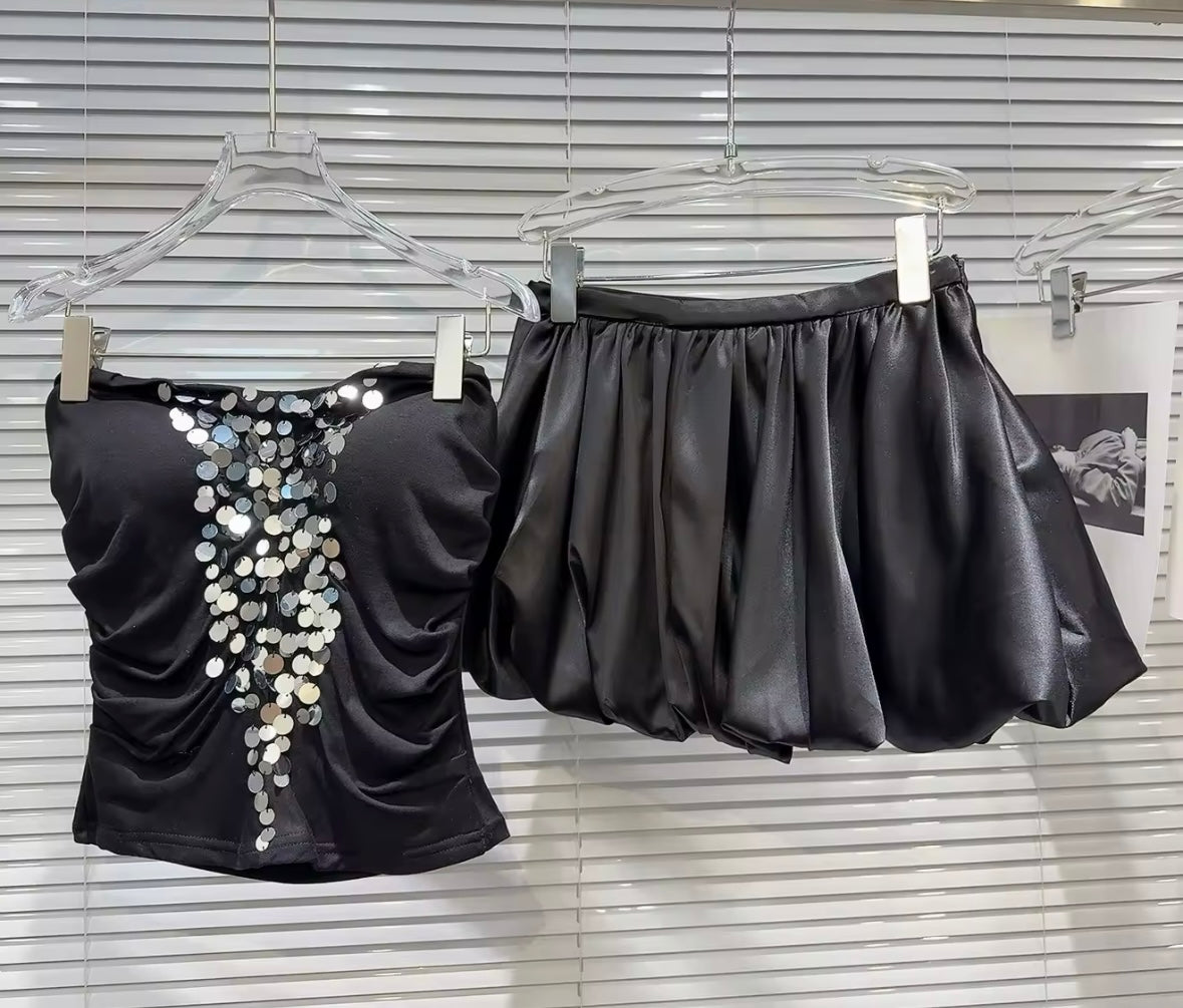 Women Sexy Strapless Sequins Patchwork Two Piece Skirt Set
