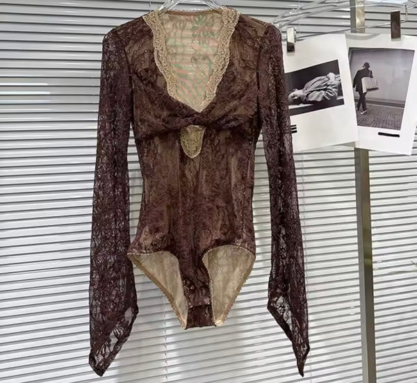 Women Brown Lace Full Sleeve Two Piece Faux Leather Short Set