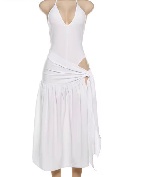Women Sexy Sleeveless Solid Color Bodysuit Two Piece Skirt Set