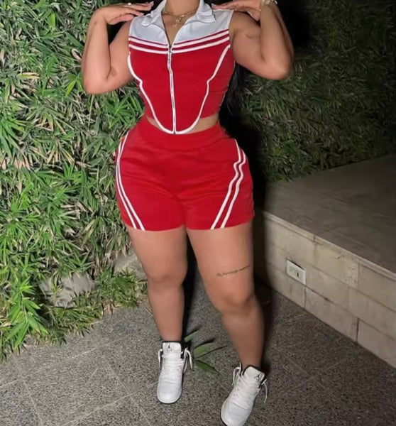 Women Fashion Zip Up Sleeveless Striped Two Piece Short Set