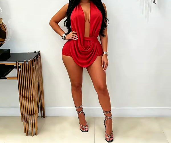 Women Sexy Draped Halter Open Back Sleeveless Romper