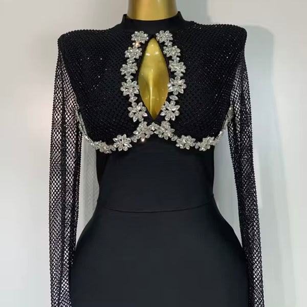 Women Sexy Mesh Full Sleeve Rhinestone Black Maxi Dress