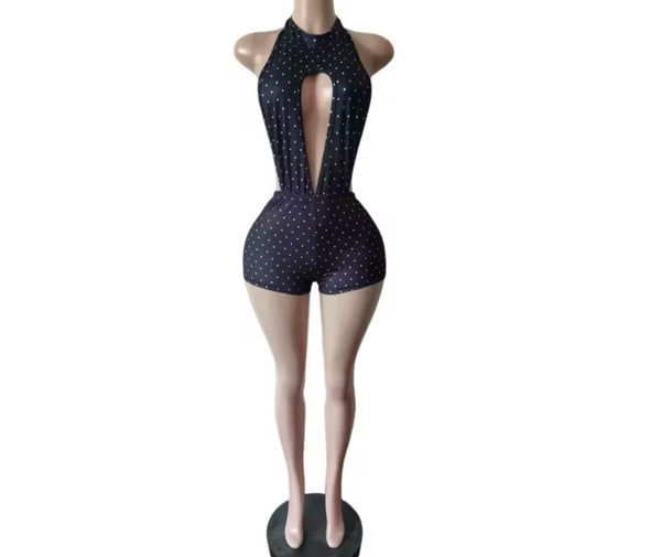 Women Sexy Halter Sleeveless Open Back Polka Dot Romper
