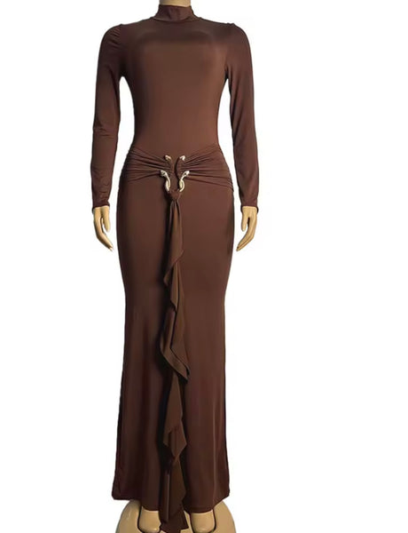 Women Sexy Metal Ruched Full Sleeve Maxi Dress