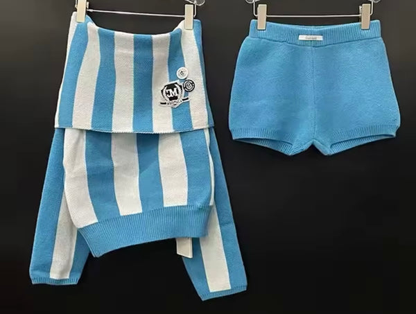 Women Off The Shoulder Striped Full Sleeve Two Piece Short Set