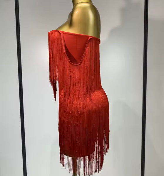 Women Sexy Strapless Solid Color Fringe Tassel Dress
