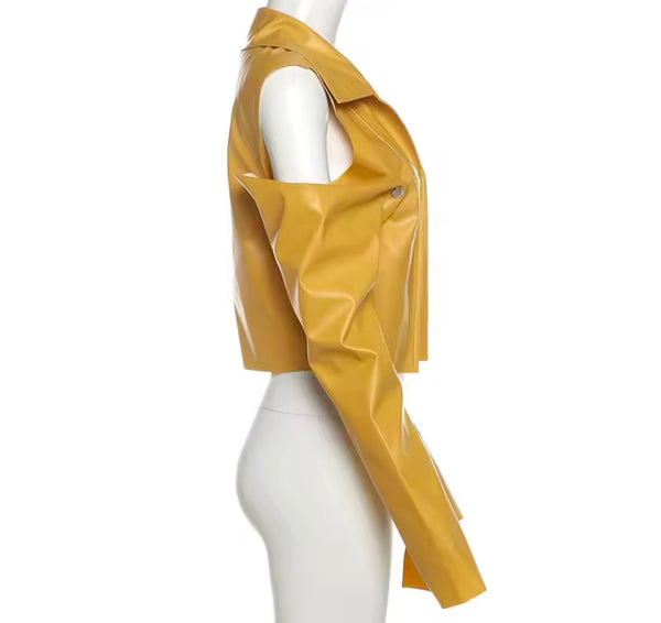 Women Fashion Yellow Cut Out Faux Leather Jacket