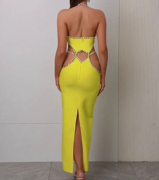 Women Yellow Rhinestone Sexy Halter Sleeveless Maxi Dress