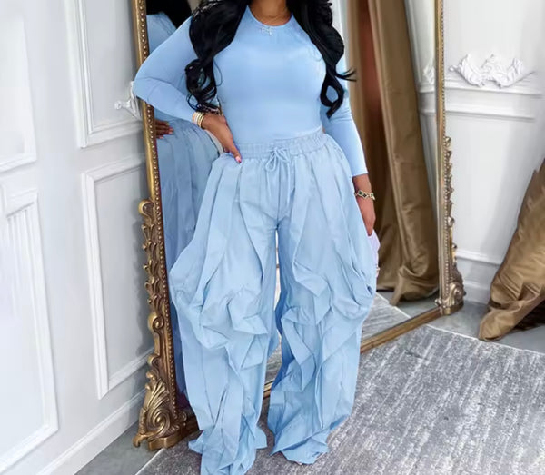 Women Fashion Solid Color Full Sleeve Two Piece Ruffled Pant Set