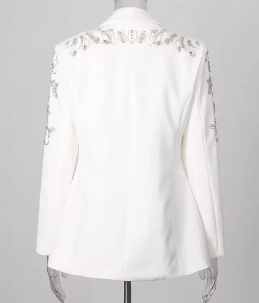 Women Fashion Floral Rhinestone Embellishment Blazer Two Piece Pant Set