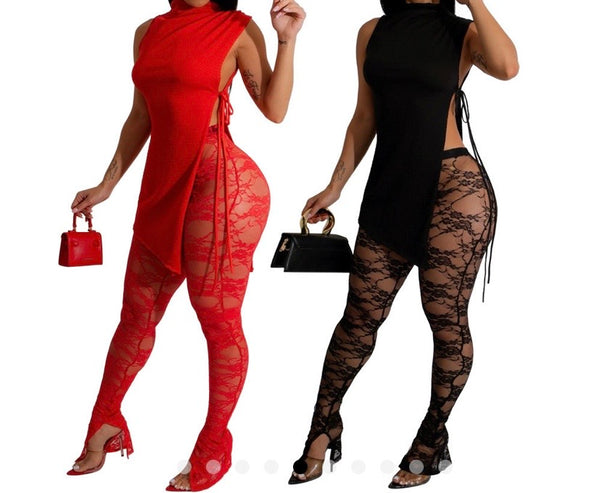 Women Sexy Sleeveless Solid Color Two Piece Lace Pant Set