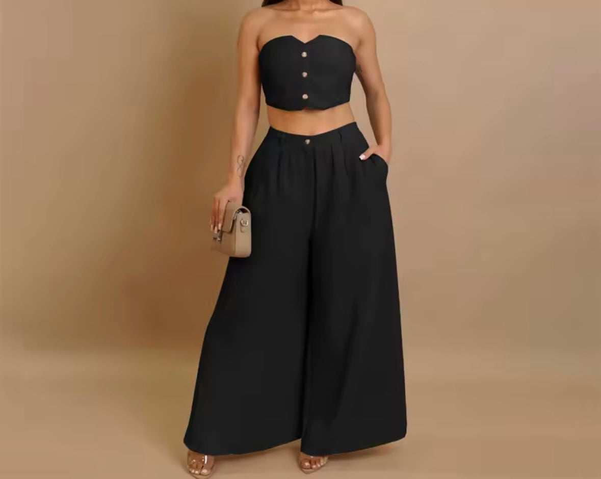 Women Sexy Button Up Strapless Two Piece Wide Leg Pant Set