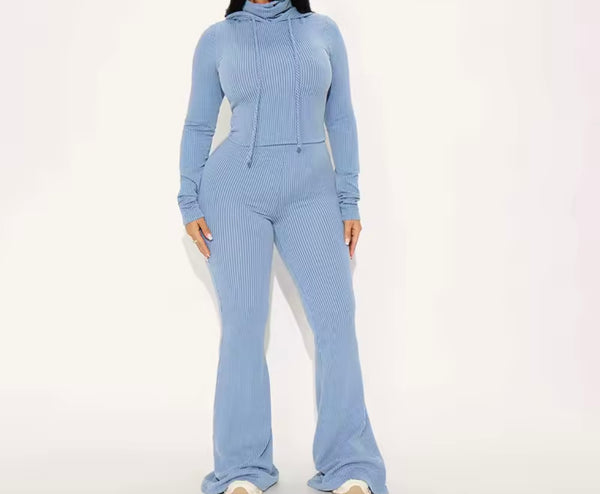 Women Fashion Hooded Ribbed Full Sleeve Two Piece Pant Set