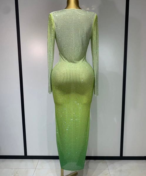 Women Sexy Green Gradient Bling Full Sleeve Maxi Dress