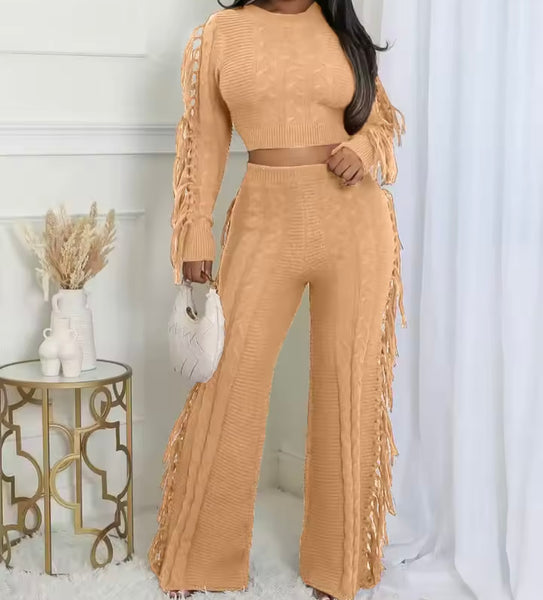 Women Fringe Fashion Full Sleeve Sweater Two Piece Pant Set