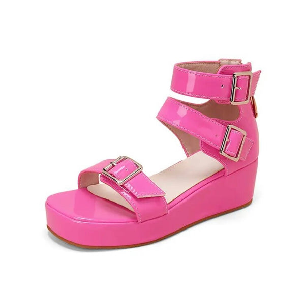 Women Patent Leather Platform Ankle Strap Sandals