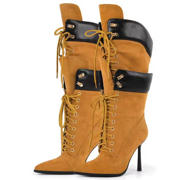 Women Color Suede Tie Up High Heel Knee Length Boots