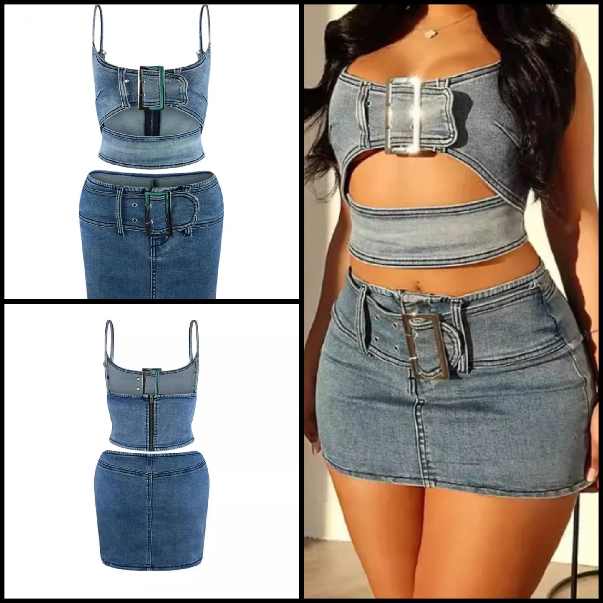 Women Sexy Sleeveless Buckled Cut Out Denim Two Piece Skirt Set