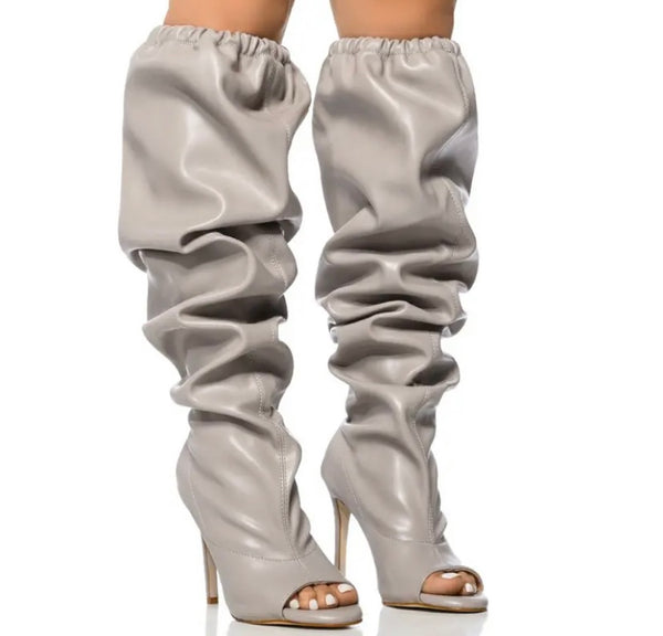 Women Fashion Open Toe Ruched Faux Leather Knee High Boots