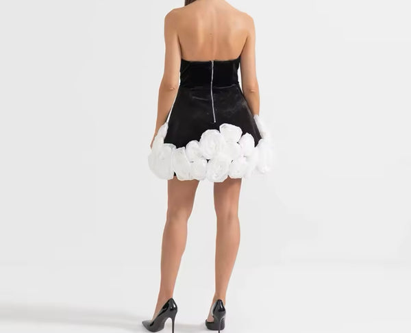 Women Sexy Strapless B&W 3D Floral Dress