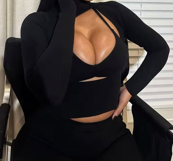 Women Black Turtleneck Cut Out Full Sleeve Three Piece Pant Set