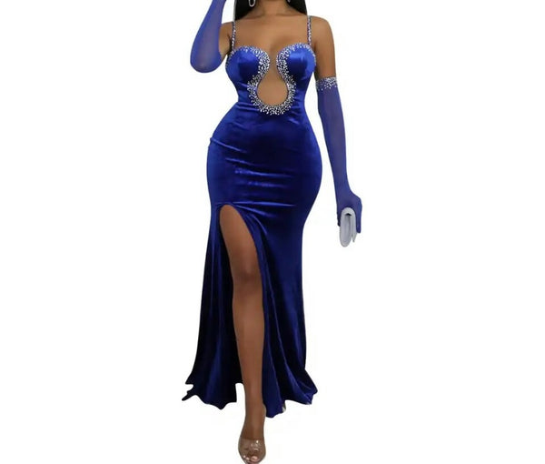 Women Sexy Sleeveless Velour Bling Mesh Patchwork Glove Maxi Dress