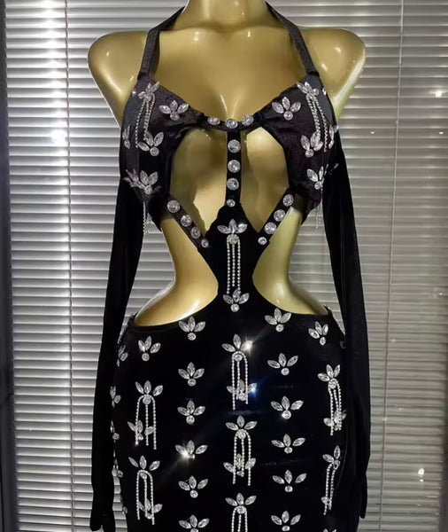 Women Sexy Black Halter Rhinestone Tassel Maxi Dress