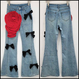 Women Fashion Red Floral Bow Denim Pants