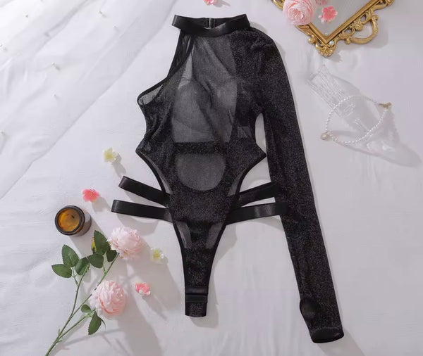 Women Black Sexy See Through One Shoulder Bodysuit Lingerie