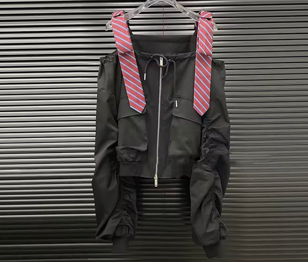 Women Striped Black Off The Shoulder Zip Up Two Piece Skirt Set