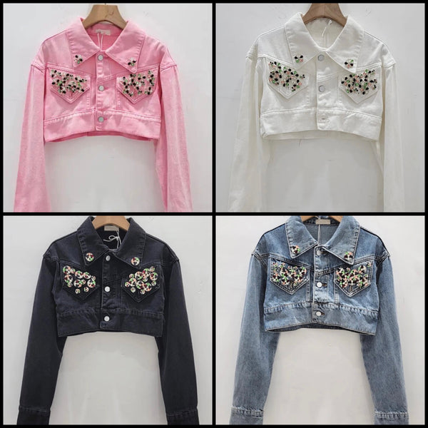 Women Fashion Color Bling Denim Crop Jacket