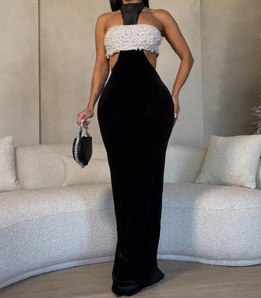 Women Sexy B&W Halter Sleeveless Pearl Velour Maxi Dress