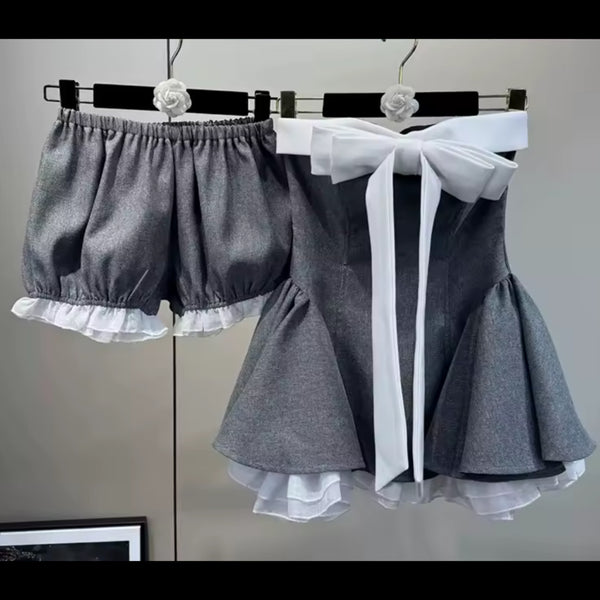 Women Bow Strapless Gray Two Piece Fashion Short Set