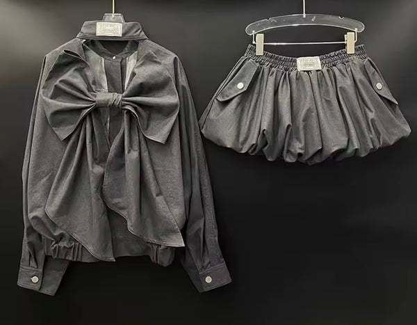 Women Fashion Button Up Bow Full Sleeve Two Piece Skirt Set