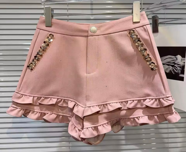 Women Color Fashion Bling Pocket Ruffled Shorts