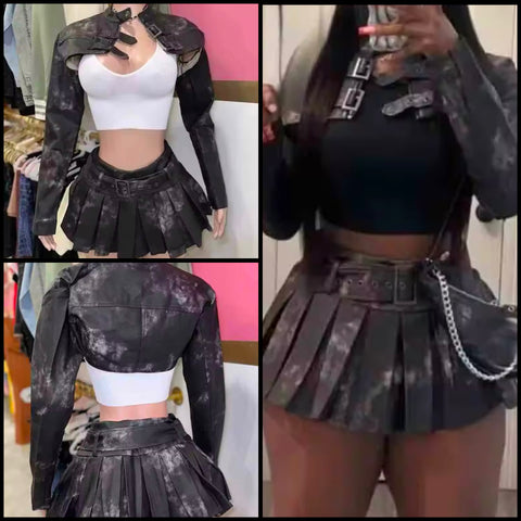 Women Fashion Tie Dye PU Buckled Crop Jacket Two Piece Pleated Skirt Set