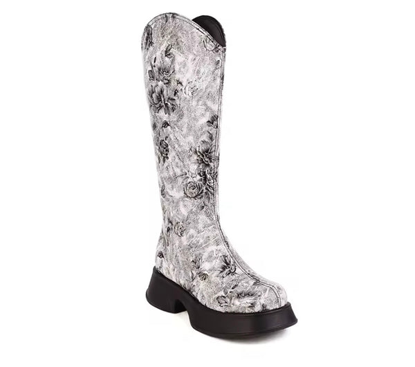 Women Fashion Color Floral Knee High Boots