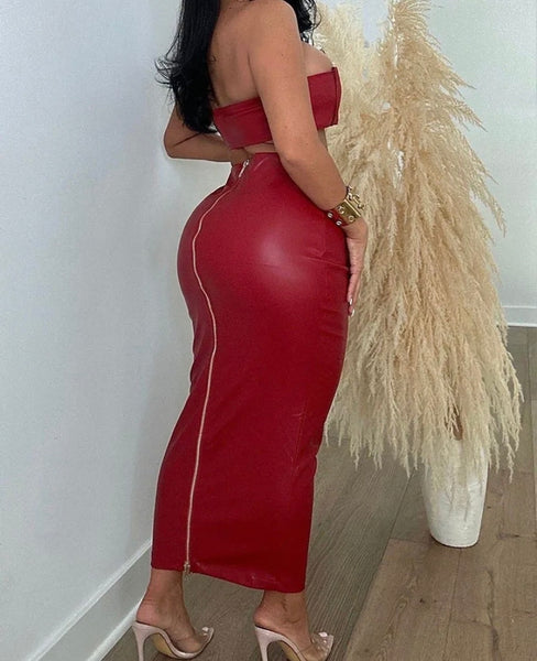 Women Sexy Buckled Strapless Zipper Two Piece Maxi Skirt Set