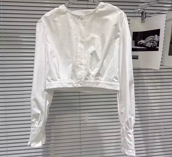 Women White Button Up Ruffled Full Sleeve Two Piece Skirt Set