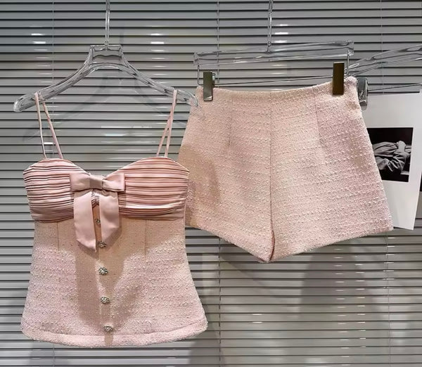 Women Sleeveless Bow Color Two Piece Short Set