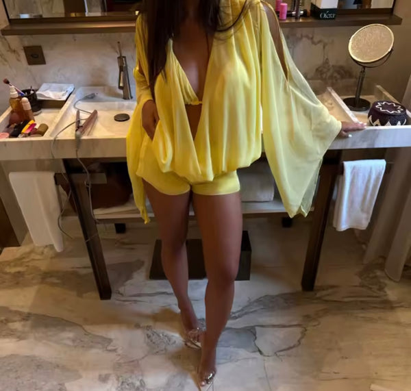 Women Sexy Mesh Full Flare Sleeve Three Piece Short Set