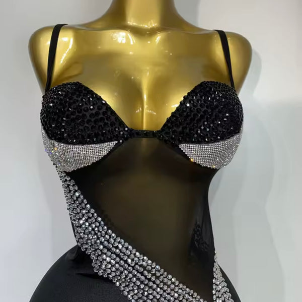 Women Sexy Sleeveless Black Rhinestone Mesh Patchwork Dress