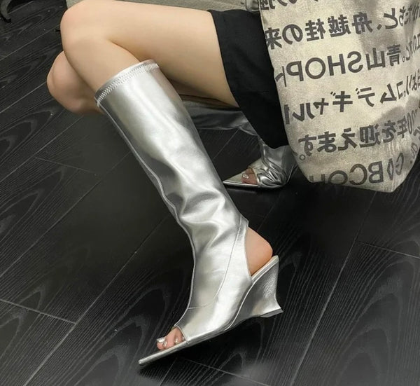 Women Color Fashion Pointed Open Toe Wedge Platform Knee High Boots